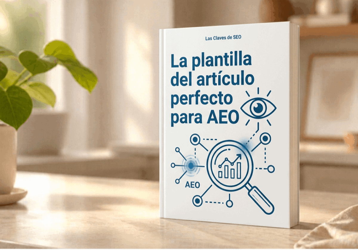 Maqueta del libro «La plantilla del artículo perfecto para AEO» sobre una mesa con una planta