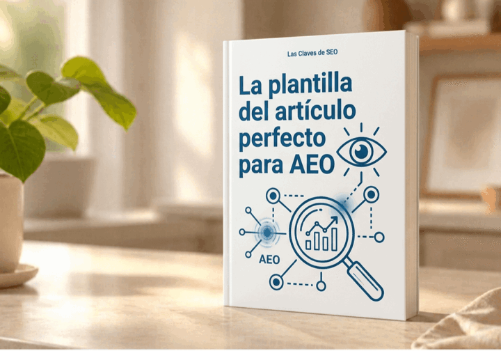 Maqueta del libro «La plantilla del artículo perfecto para AEO» sobre una mesa con una planta